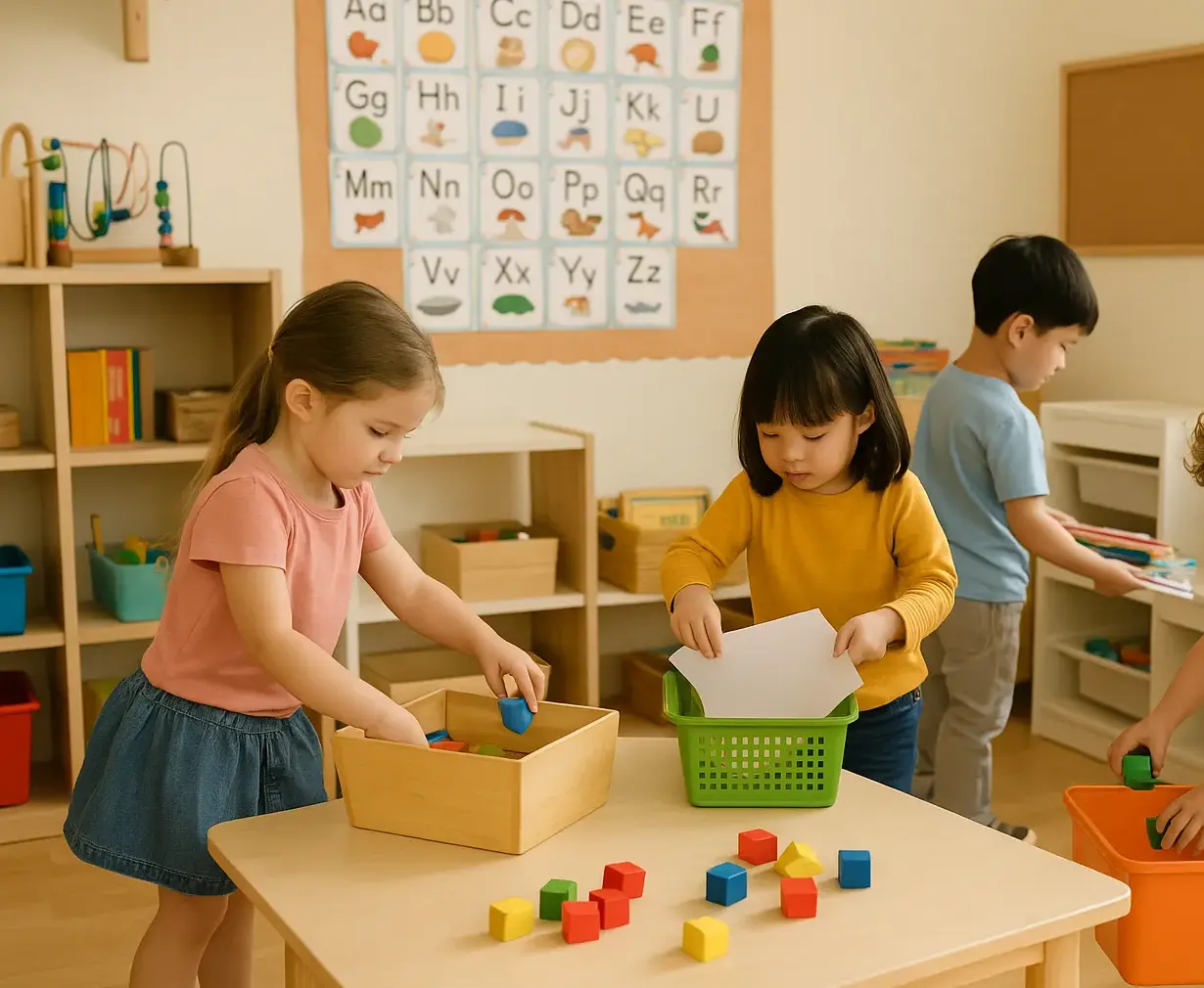 Two young girls work together to organize their classroom, carefully putting wooden blocks and papers away into designated containers at their learning station