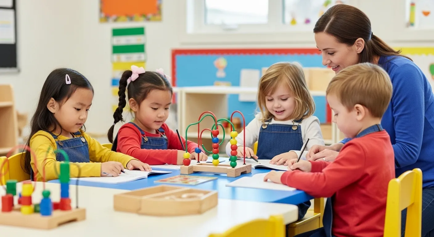 A female teacher sits on the floor playing and interacting with a diverse group of four young preschool children.