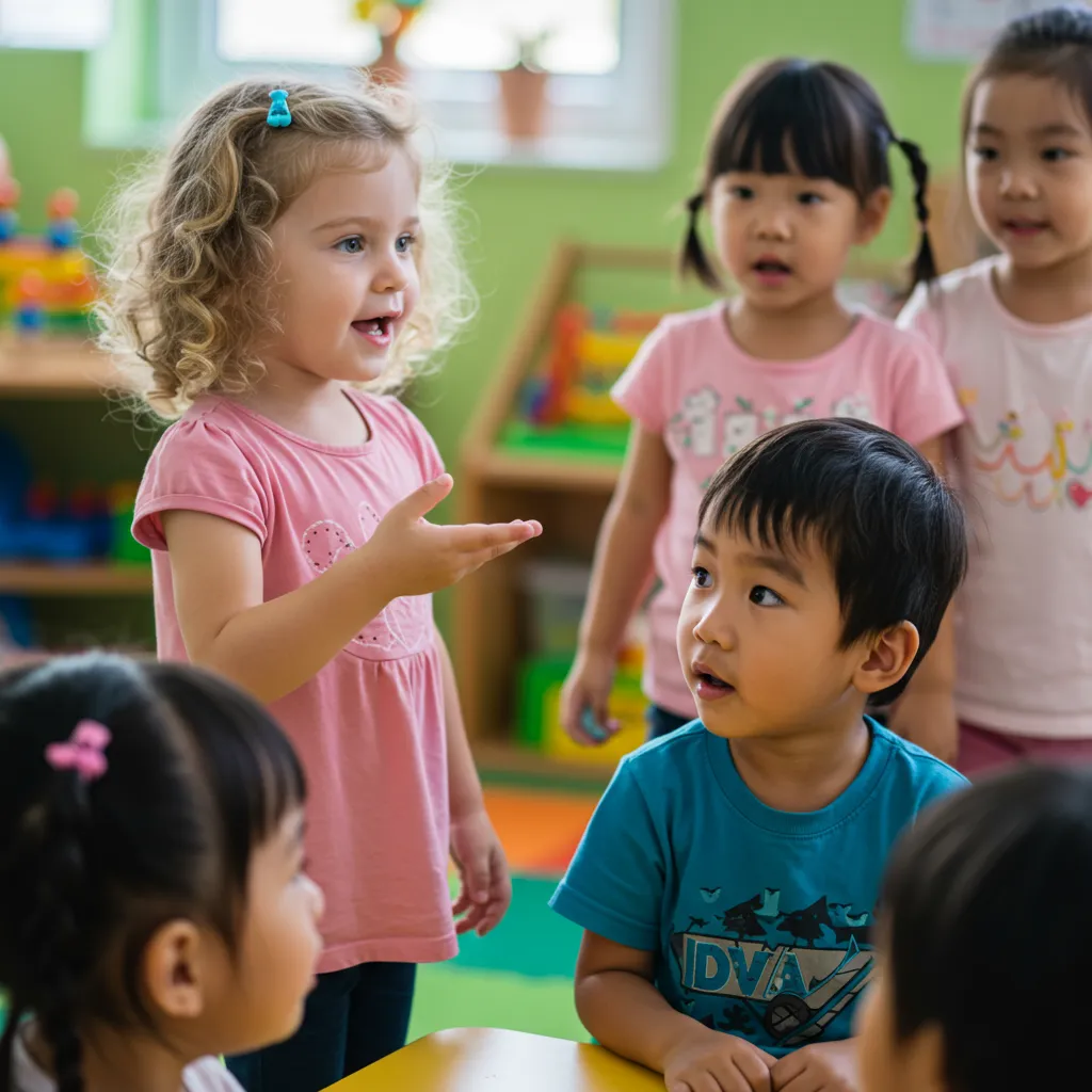 A diverse group of young children listens intently as a young girl in a pink dress speaks and gestures during a classroom group discussion or story time.