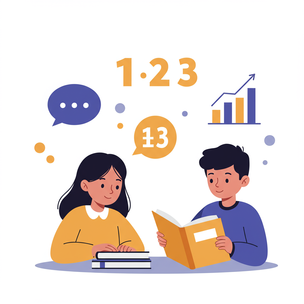 Illustration of two children reading a book together, surrounded by icons for math, data, and communication.