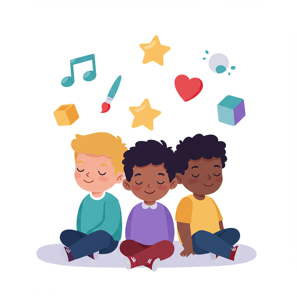 Vector art of three diverse children sitting together happily, with icons for music, art, and learning floating around them.